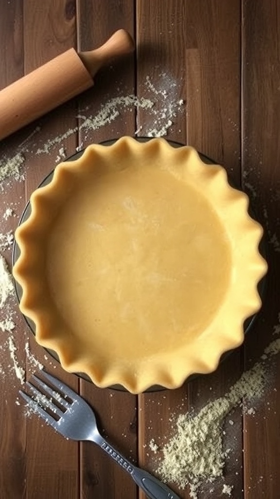 A homemade pie crust in a dish, with fluted edges, on a rustic table with flour and a rolling pin.